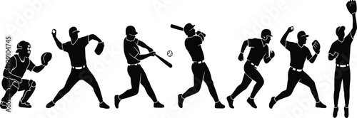Baseball players silhouettes set with pitcher batter catcher and fielders isolated on white background for sports design