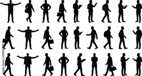 Business men silhouettes set with walking standing and communication poses isolated on white background for corporate use
