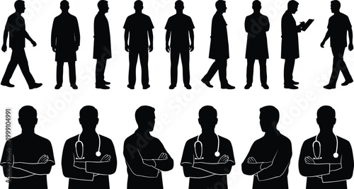 Male medical professionals silhouettes set with doctors in scrubs walking standing and portrait poses isolated on white