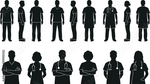 Medical staff silhouettes set with doctors and nurses in scrubs isolated on white background for healthcare design