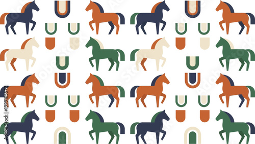 Horses arranged in a repeating pattern alongside small u-shaped symbols create a decorative equestrian wallpaper design.