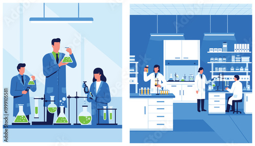 Scientific Laboratory Illustration Set with Researchers Conducting Experiments, Chemistry Equipment, and Modern Research Lab Interior