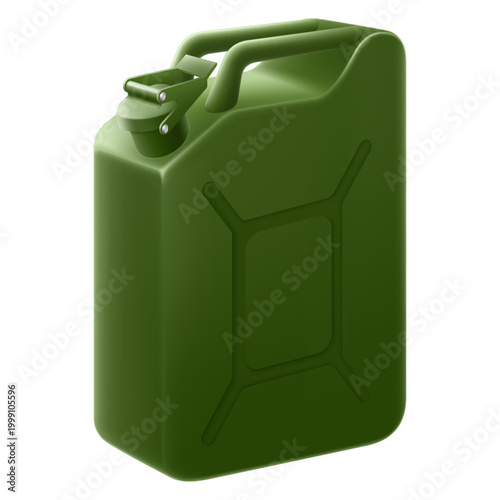 Canister for gasoline and diesel fuel isolated on a white background. Close-up of a 20 liter green Jerry Can. Realistic 3d Vector illustration.