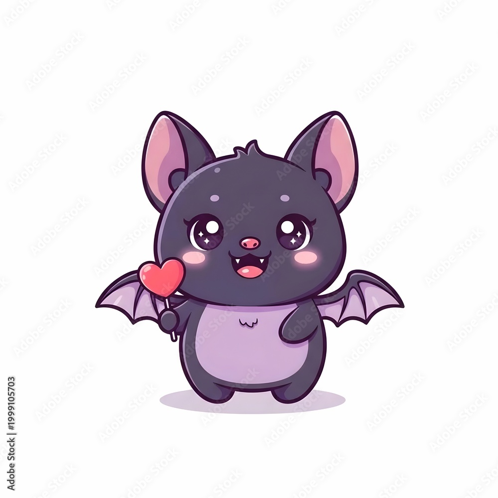 Naklejka premium Cute Little Bat Holding a Heart Shaped Lollipop Cartoon