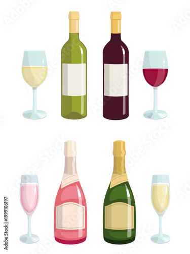 Vector set of red, white and rose wine, illustration av different bottles and glasses, prosecco and champagne sparkling wine, alcohol bar menu print poster
