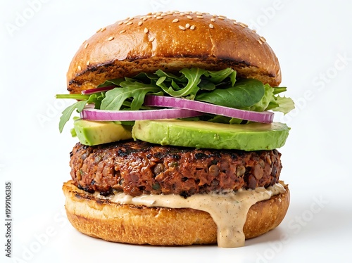Delicious vegan burger with avocado lettuce red onion and sauce on a sesame seed bun