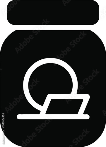 Black silhouette of a jar with a lid and a circular label area, indicating a food product, preserve, or storage container, isolated on a white background, keywords: jar, container, food, preserve