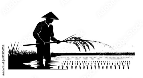 Minimalist silhouette of a farmer harvesting rice in a paddy field