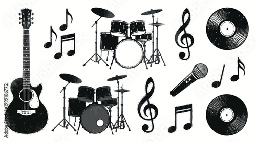 Music symbols and instruments, including guitar, drums, vinyl records, and microphone