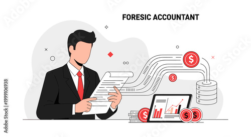 A forensic accountant examines financial documentation while data transfers into a server storage unit surrounded by red dollar sign icons on a light grey background.