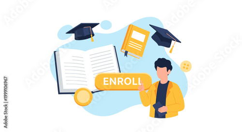 A student in a yellow jacket gestures towards an enroll button positioned near an open book and floating graduation caps in a soft-toned minimalist educational environment.
