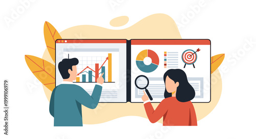 A man points at a rising bar chart while a woman inspects data with a magnifying glass on a split-screen digital dashboard in a professional office environment.