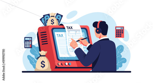 A professional wearing a headset writes on a large red computer screen showing tax documentation with floating money bags in a soft blue flat vector style.