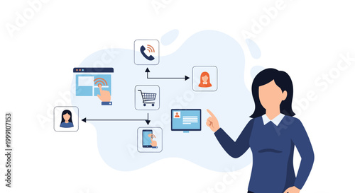 A businesswoman presents a digital user experience flow chart connecting various service icons on a clean white background with soft light blue accent shapes and elements.