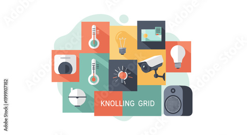 A perfectly aligned knolling grid of various colorful smart home device icons is organized into a cohesive rectangular layout against a light neutral background environment.