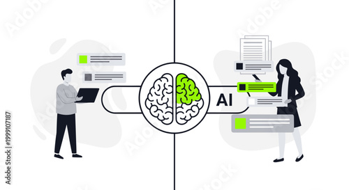 A male user on a laptop and a female professional with documents interact with a centralized artificial intelligence brain interface on a clean white background.