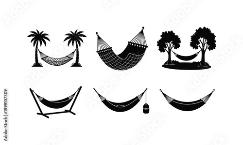 Hammock silhouette vector illustration set featuring different hanging styles and trees.