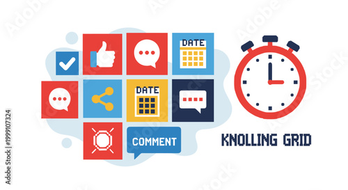 A collection of colorful social media and calendar icons organized into a grid next to a large red stopwatch timer on a light blue patterned background.
