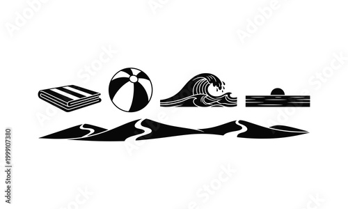 Summer beach vector illustration featuring sand dunes wave ball and sunset line art icons.