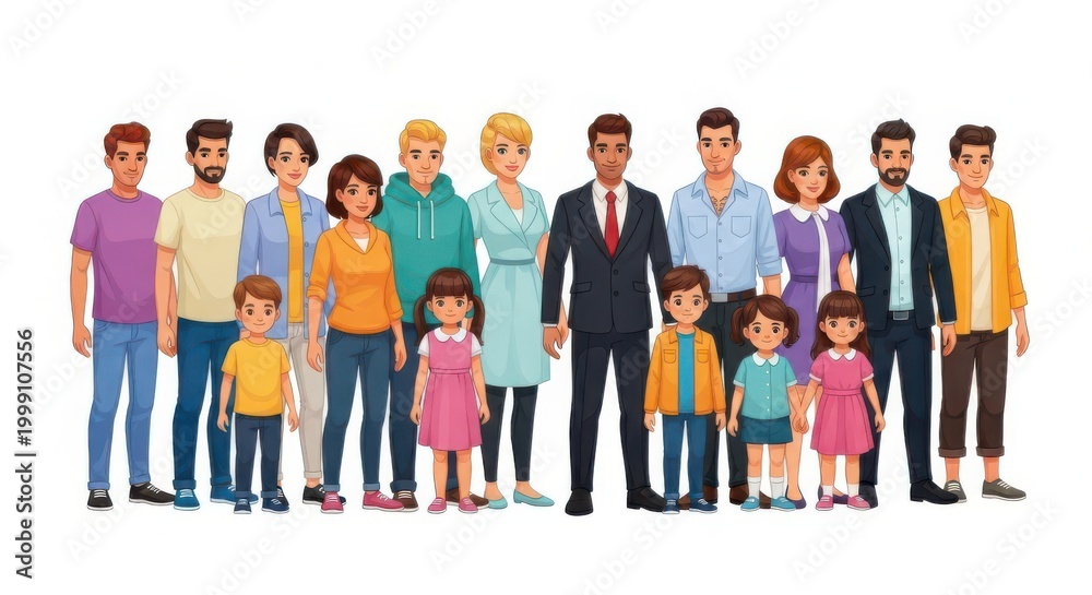 Obraz premium Diverse cartoon family standing together in a row