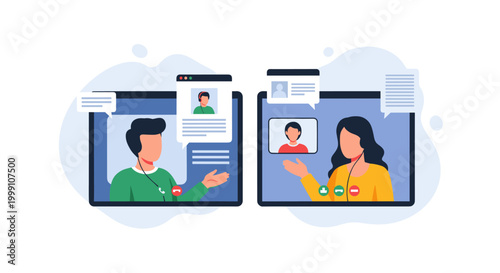 Two individuals wearing headsets communicate through video conferencing on separate computer screens in a digital remote work setting with light blue soft background colors.