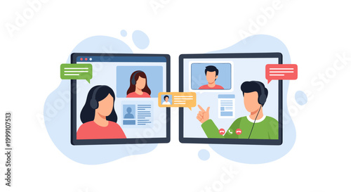 A man and woman communicate via video call on separate computer screens with floating chat bubbles and profile icons on a soft blue background vector art illustration.