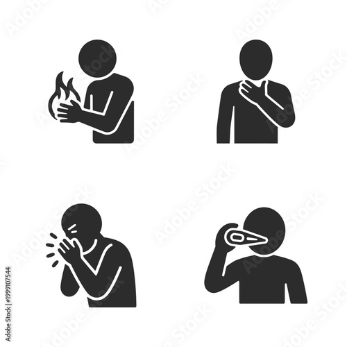 Silhouettes showing different body language gestures like arm crossing, shoulder rubbing, sneezing, and covering the eyes in symbolic form.