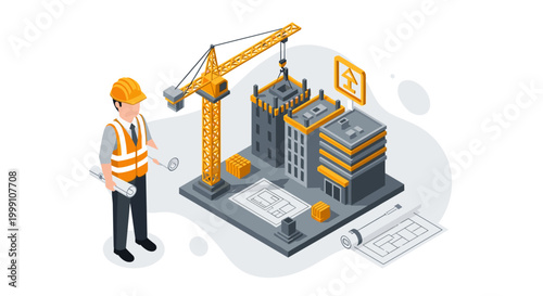 A construction worker holding rolled site plans stands adjacent to a small isometric building project with a tall yellow crane and newly constructed grey residential or office bloc