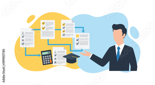 A man in a formal suit gestures towards a complex workflow of checklist documents and a calculator with a graduation cap in a professional vector illustration.