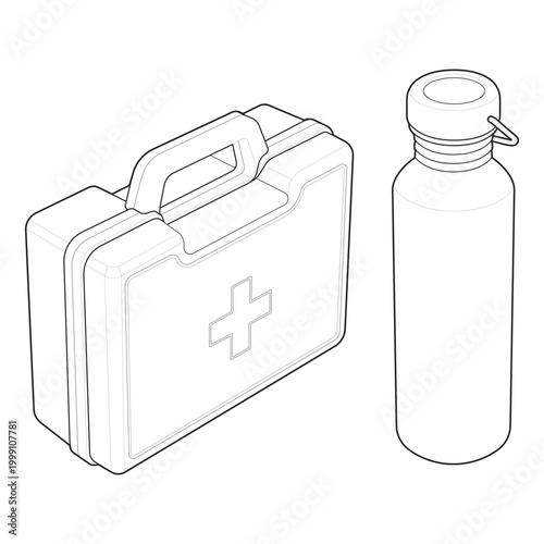 Portable vehicle emergency case and insulated bottle outline for basecamp patch vector