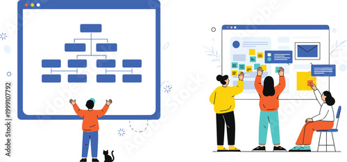 Team Workflow and Project Planning Illustration with Flowchart, Collaboration Board, and Business Strategy Concept