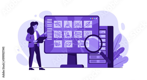 A business analyst reviews damaged software dashboard grid icons on a desktop computer screen using a magnifying glass in a soft purple toned professional workspace.