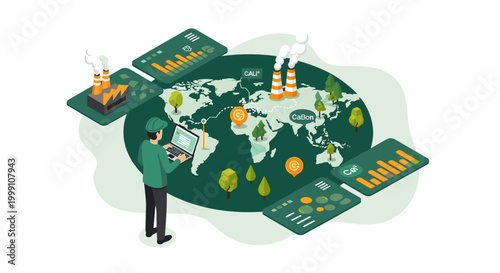 A sustainability expert monitors global carbon emission data and environmental impact statistics using a laptop on a world map display with industrial factory smoke.