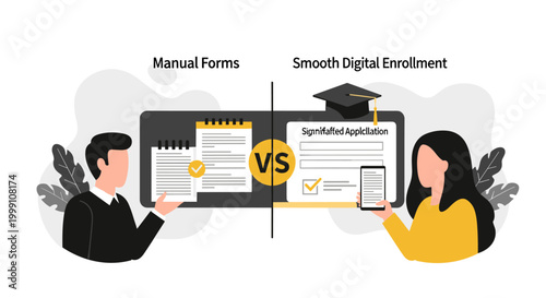 A comparison between traditional paper enrollment and modern digital application processes is illustrated with characters handling physical documents versus a smartphone interface.