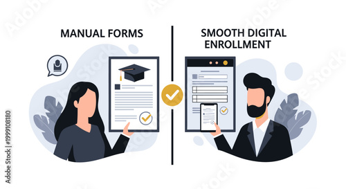 A visual contrast highlights the difference between handling manual paper forms and completing smooth digital enrollment tasks on a mobile device for academic registration.