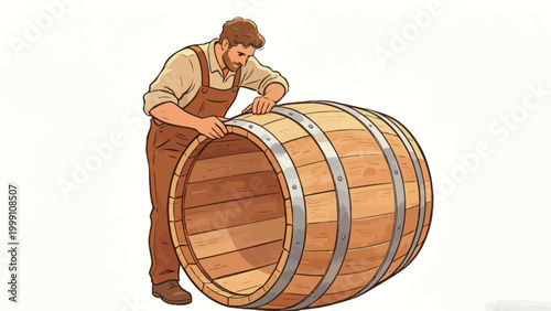 Illustration of a Traditional Cooper Crafting a Wooden Wine Barrel, Hand-Drawn Artwork Focused on Heritage Artisanal Woodworking Craft Against a Plain Neutral Background
