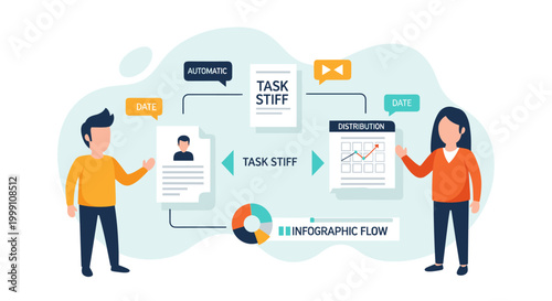 Two professionals stand beside a digital infographic diagram showing automated task distribution workflows and project timelines within a clean abstract environment.