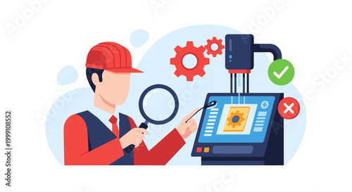 A construction site engineer examines industrial machinery components using a large handheld magnifying glass against a simple light purple background with flat vector art design.