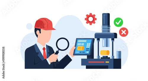 A professional engineer evaluates industrial system components using a handheld digital tablet in a clean workspace environment with soft gray tones and flat vector graphics.