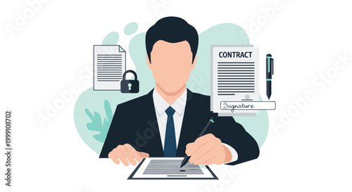 A business professional in a suit uses a pen to sign a formal contract document at a desk with a secure padlock icon floating in the background workspace.