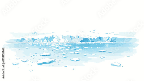 Minimalist Watercolor Illustration of a Calm Arctic Glacial Landscape with Drifting Ice Floes on a Frozen Sea and Distant Snow-capped Mountain Glaciers
