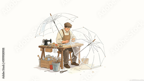 Middle-aged Artisan Craftsman Making Transparent Umbrellas at a Wooden Workbench, Hand-drawn Illustration Celebrating Traditional Handcraft Work