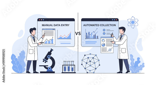 Two laboratory scientists stand on opposite sides of a divider comparing the efficiency of manual data entry versus automated collection methods in a sterile workspace.