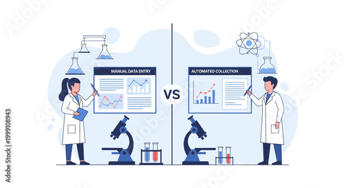 A male and female scientist evaluate data charts on separate display boards featuring glass laboratory equipment and atomic structure graphics in a modern research lab.