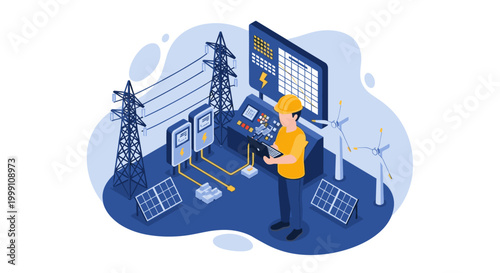 An engineer holding a tablet inspects a large data visualization wall screen in an energy control facility featuring solar arrays and wind power generation equipment.
