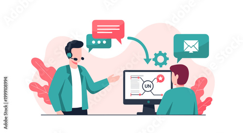 An IT specialist with a headset explains digital mail messaging systems to an employee via a computer display showing a network node map in a light office space.