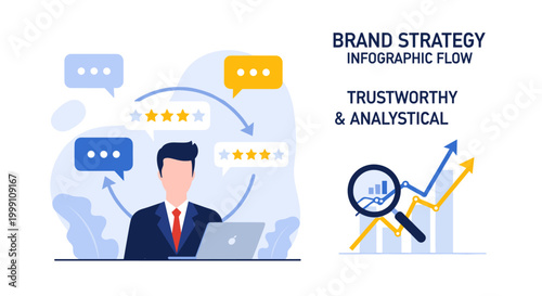 A male professional works on his laptop amidst floating speech bubbles and star ratings while a magnifying glass inspects rising financial charts on the white background.