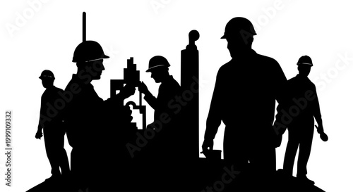Silhouette of industrial construction workers and manual laborers in a factory