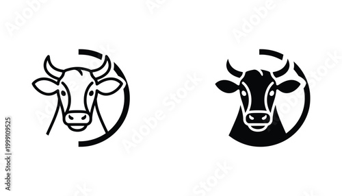 Cow head emblem in black and white vector formats featuring horns and circular frame for dairy farm branding and food industry logos