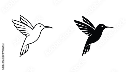 Hummingbird in flight as black and white vector art with wings spread showing line art and silhouette options for nature and speed concepts